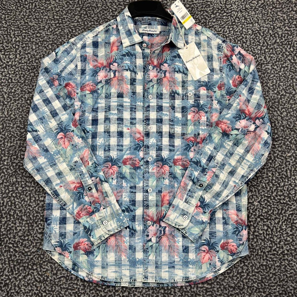 Tommy Bahama Button Up‎ Shirt Men Medium Blue Plaid Floral Long Sleeve M New